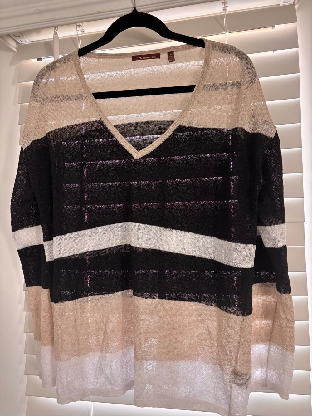 525 America Sheer Striped V-Neck Sweater in Black, Cream, White, Tan
